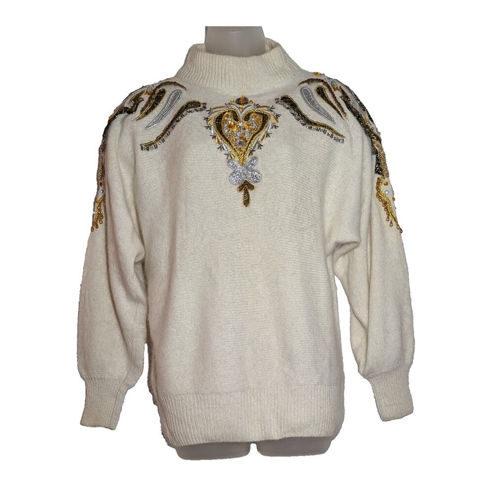 Vtg Diani Sweater Sz Small Silk Angora Wool + Ivory Embellished Mob Wife Glam